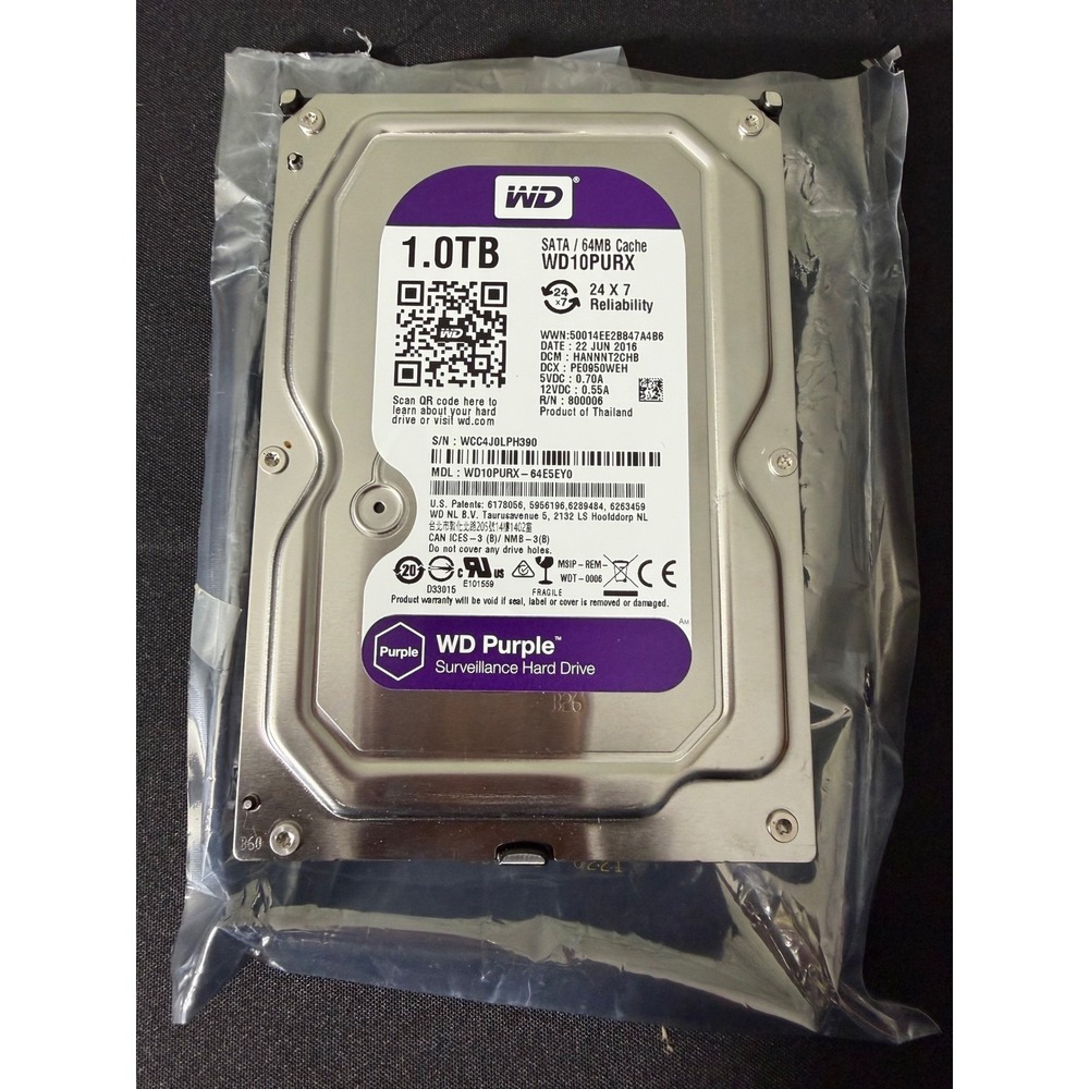 Western Digital Purple Surveillance HDD 1.0TB Silver EUC WD10PURX SATA 64MB